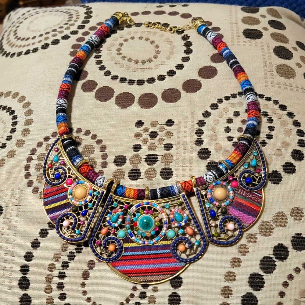 Tribal Goldtone Mutlicolored Beaded Crystal Necklace